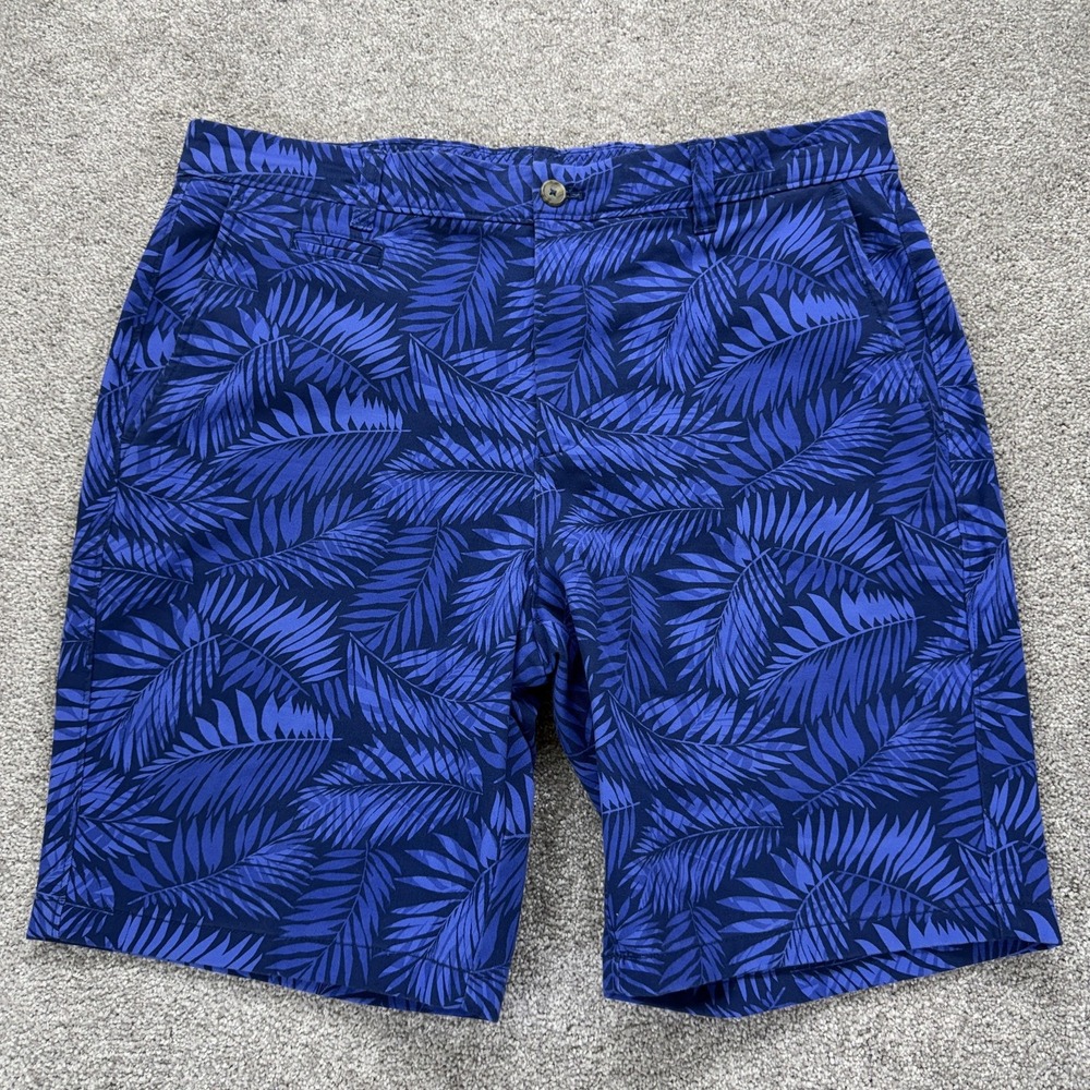 Johnnie-O Shorts Mens 36 Blue Palm Leaf Chino Stretch 9in Tropical Print